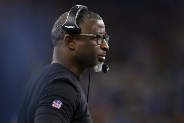 Detroit Lions defensive coordinator Aaron Glenn looks on during the first quarter against the Green Bay Packers at Ford Field.